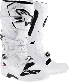 Alpine Star Tech 7 motocross boots in white, size 16, showing the durable design and secure straps for off-road riding.