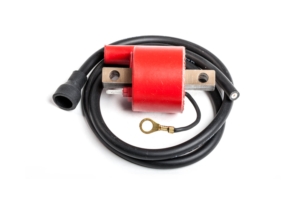Ricks Motorsport Electric ignition coil for motorcycle, showing the compact electrical coil with mounting bracket and wiring connections.