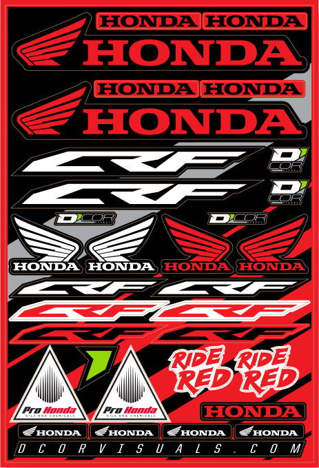 DCOR Honda decal sheet with various graphics in a 12x18-inch sheet, featuring colorful automotive decals and stickers.