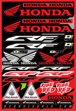 Load image into Gallery viewer, DCOR Honda decal sheet with various graphics in a 12x18-inch sheet, featuring colorful automotive decals and stickers.