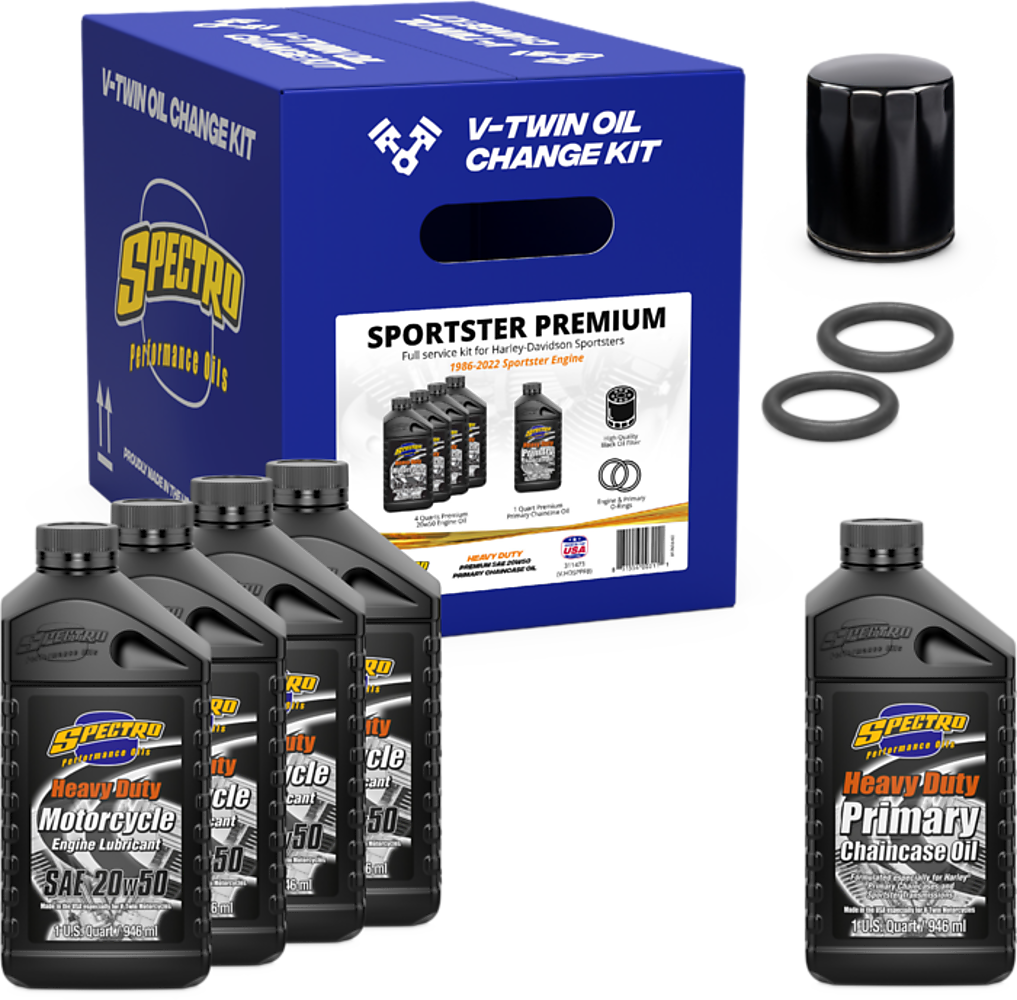 Spectro V-Twin Full Oil Service Kit XL Premium with oil filters, additives, and tools for Harley-Davidson motorcycles.
