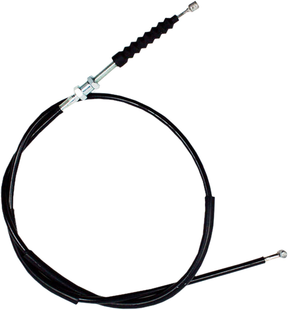 Motion Pro black vinyl front brake cable for motorcycle, showing the flexible control line with fittings and protective coating.