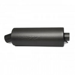 MBRP Exhaust universal performance muffler showcasing a sleek cylindrical design with inlet and outlet pipes.