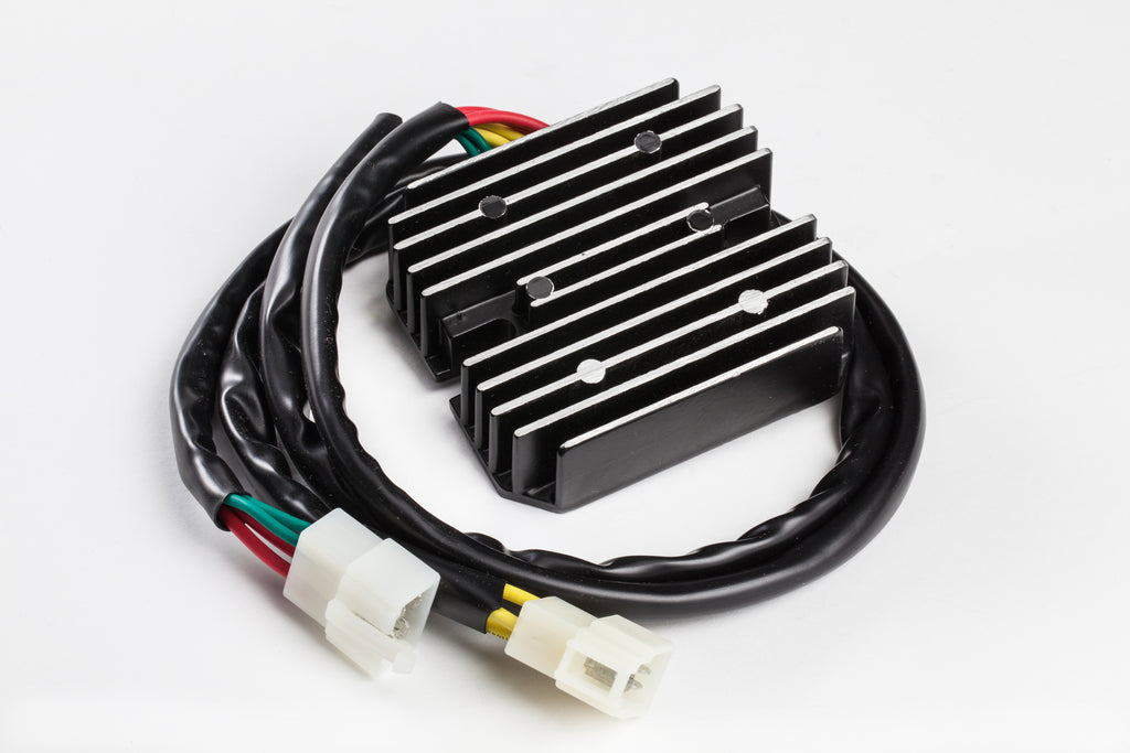 Ricks Motorsport Electric regulator and rectifier for motorcycle electrical systems, showing metal components and wiring connections.