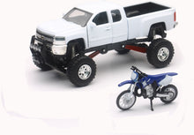 Load image into Gallery viewer, New Ray Toys 1:43 replica truck and Yamaha race bike, white Chevy and blue Yamaha accessories, detailed scale model images.