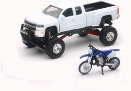 New Ray Toys 1:43 replica truck and Yamaha race bike, white Chevy and blue Yamaha accessories, detailed scale model images.