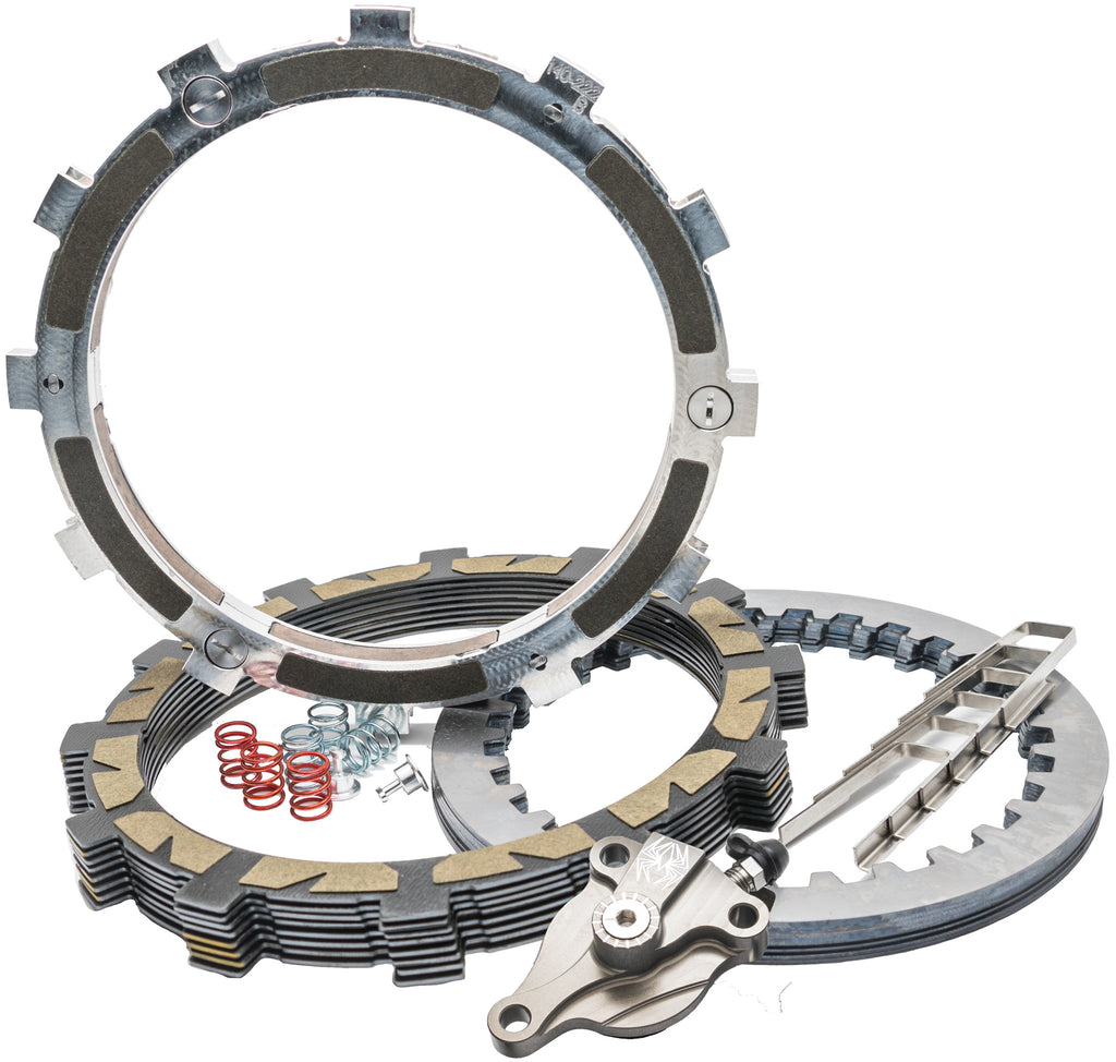 Rekluse Radius X clutch for Kawasaki motorcycle, showing the high-performance clutch assembly with branding and detailed components.