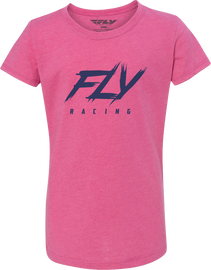 Pink Fly Racing Girl's Fly Edge Tee with yellow accents, featuring a casual fit and logo print on the front.