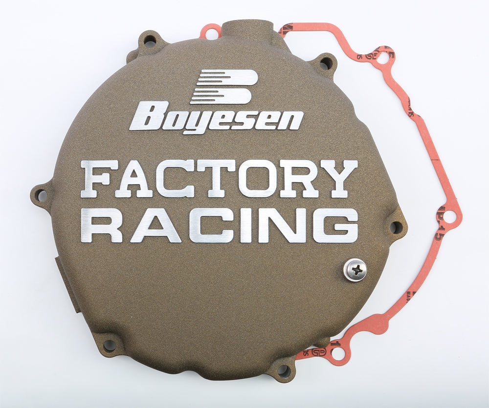 Boyesen Factory Racing Clutch Cover Magnesium for motorcycle, close-up view showing smooth black finish and branding details