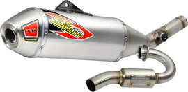 Pro Circuit T-6 stainless exhaust system installed on a Kawasaki KX250F motorcycle, showcasing the sleek exhaust pipe and branding.