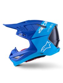 Alpine Star Supertech S-M10 Flood helmet in blue, matte blue, and black with carbon accents, featuring aerodynamic design and ventilation.