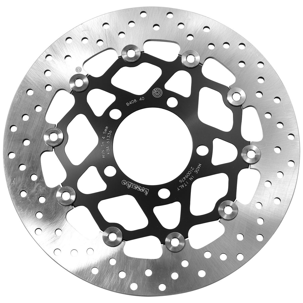 Brembo Serie Oro front floating brake rotor showing its vented design and metallic finish for high-performance braking.