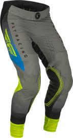 Fly Racing Lite Pants in grey, blue, and hi-vis, size 32, featuring durable fabric and secure fit for motocross riding.