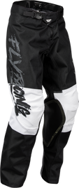 Fly Racing Youth Kinetic Khaos pants in grey, black, and white, size 24, featuring durable motocross gear design.