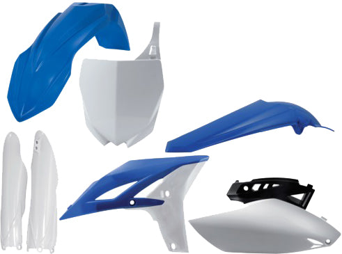 Acerbis blue plastic kit with various motorcycle parts, including panels and covers, arranged on a flat surface.