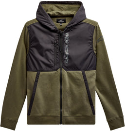 Alpine Star Aligned Hoodie in military black, size large, showcasing the casual fit and fabric texture.