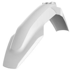 Polisport Plastics white front fender for motorcycles, model 64-69042, made of durable plastic, shown in a close-up image.