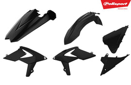 Polisport Plastics black plastic body kit for motocross or dirt bikes, featuring durable, lightweight body panels and components.