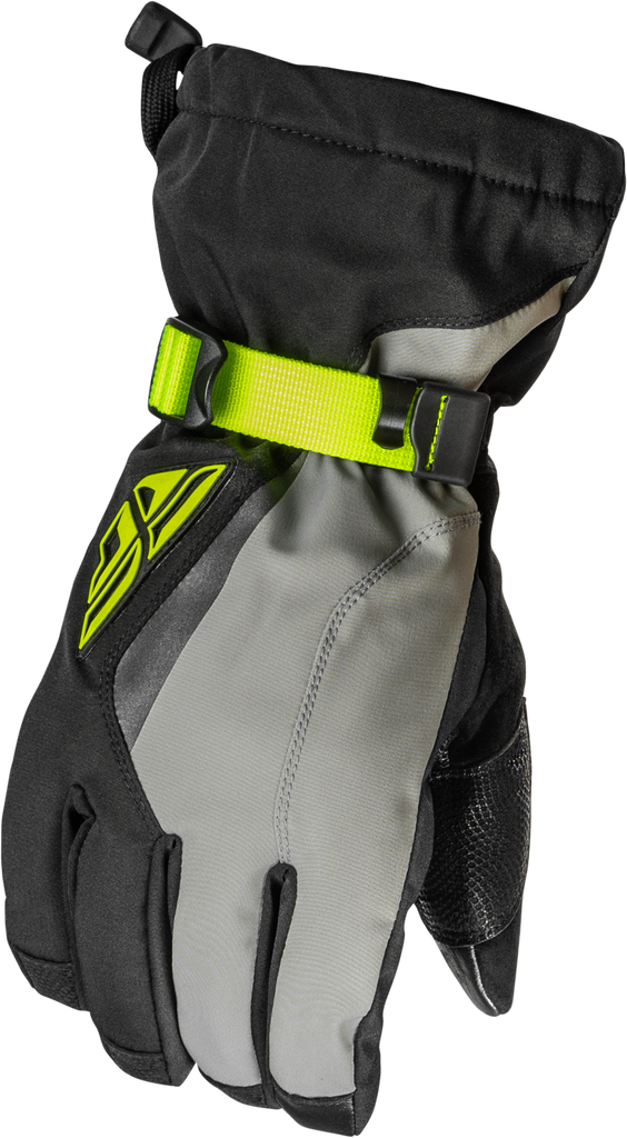 Fly Racing Title Gauntlet Gloves in black, grey, and hi-vis, showing their durable design and vibrant color accents.