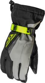 Fly Racing Title Gauntlet gloves in black, grey, and hi-vis colors with reinforced knuckles and textured palm for motorcycle riding.