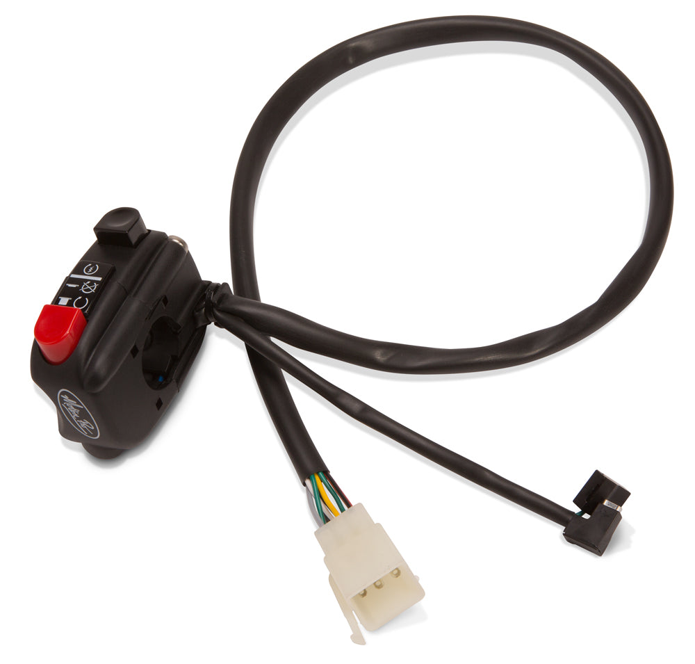Motion Pro Rev2 handlebar switch for motorcycle or bike, showing electrical switch with buttons and wiring on a black handlebar.