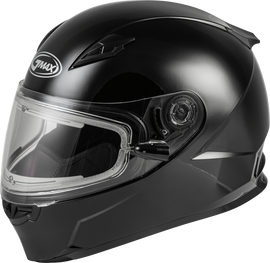 GMAX FF 49s full face snow helmet in black with electric shield, showing the helmet's sleek design and visor features.