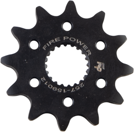 Steel Fire Power 12-tooth front CS sprocket for motorcycle, showcasing the black metal gear with visible teeth.