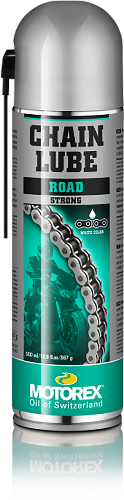 Motorex Chain Lube Road Strong 500ml bottle with label, ideal for bike chain protection and lubrication.