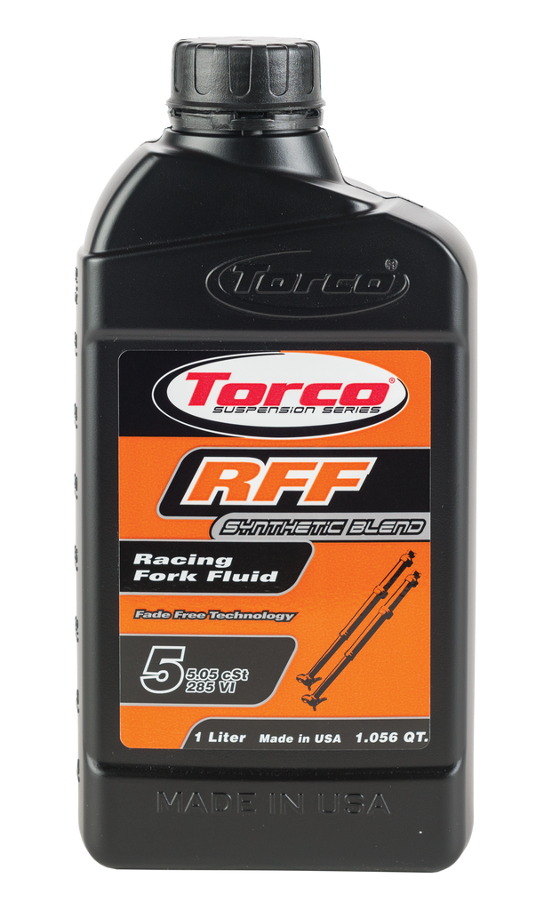 Torco RFF Racing Fork Fluid 5W in 1-liter bottle, a high-performance motorcycle fork oil from Torco for optimal suspension performance.