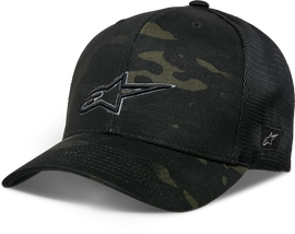 Alpine Star Recon Camo Trucker Hat in black camouflage with mesh back and adjustable snap closure.