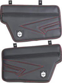 Red Pro Armor Talon Large Stock Door Pad with black mounting hardware, designed for off-road vehicle doors.