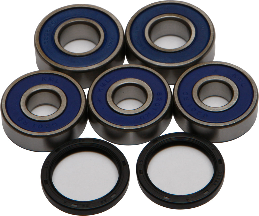 All Balls rear wheel bearing kit 22-51505 with multiple bearings and seals, displayed in a packaging tray.