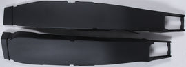 Polisport Plastics black swingarm protectors for street motorcycles, model 64-56715, shown mounted on a bike's swingarm.