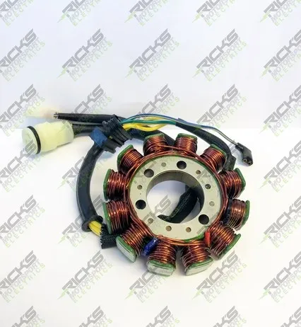 Ricks Motorsport Electric Stator 27-21604 for motorcycle electrical system, showing the green and black wiring and metal coil components.