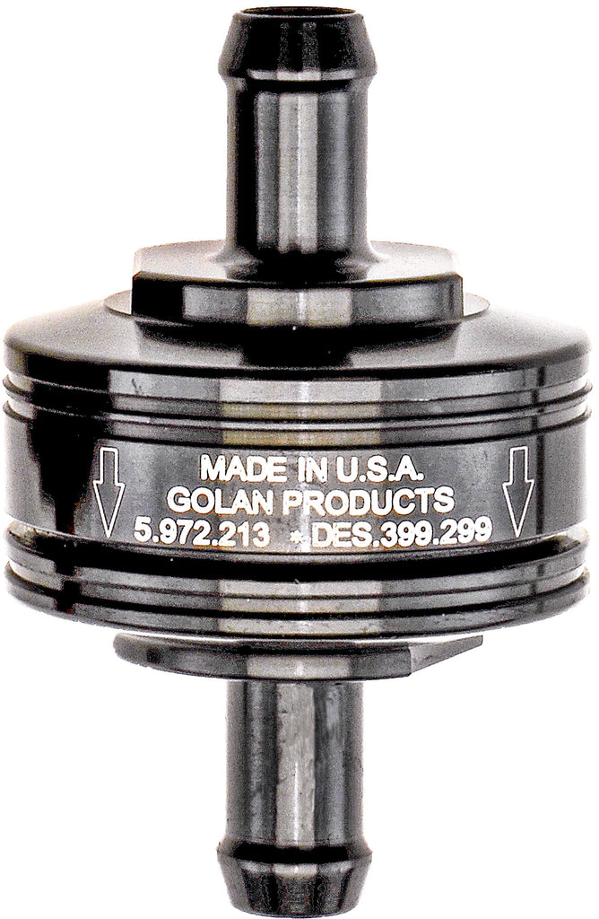 Golan Inc Super Mini Fuel Filter in black with 5/16 inch barb fitting for intake, carburetor, or fuel system applications