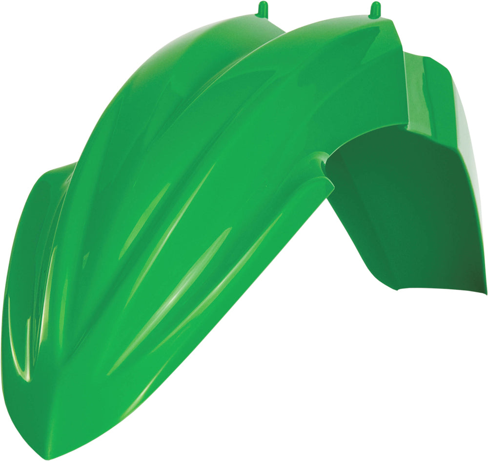 Acerbis green front fender for motorcycle, showing the curved plastic design with mounting points, in a vibrant green color.
