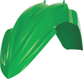 Acerbis green front fender for motorcycle, showing the curved plastic design with mounting points, in a vibrant green color.