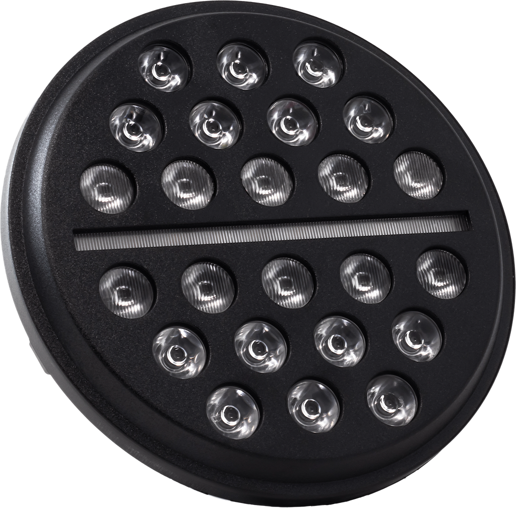 Letric Lighting Co 7-inch LED Buck Shot Headlight in black for Indian motorcycles, designed for on-road use.