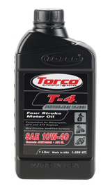Torco T-4 10W-40 4T motor oil bottle with label, 1-liter size, chemical product for motorcycle engines.