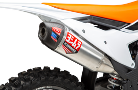 Yoshimura RS-12 slip-on exhaust for KTM and Husqvarna motorcycles, showing the sleek stainless steel muffler with Yoshimura branding.