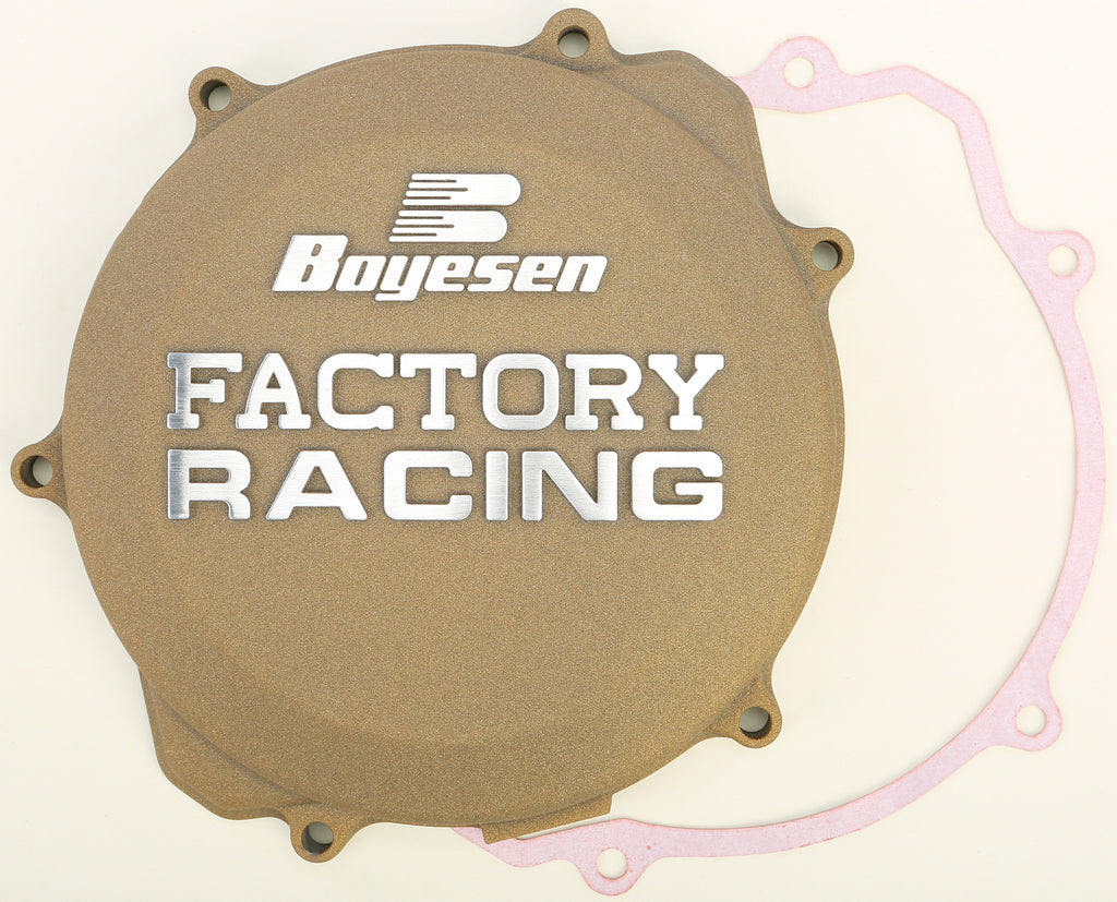Boyesen Factory Racing Clutch Cover in magnesium for Yamaha YZ250 motorcycle, showcasing the sleek, durable design.