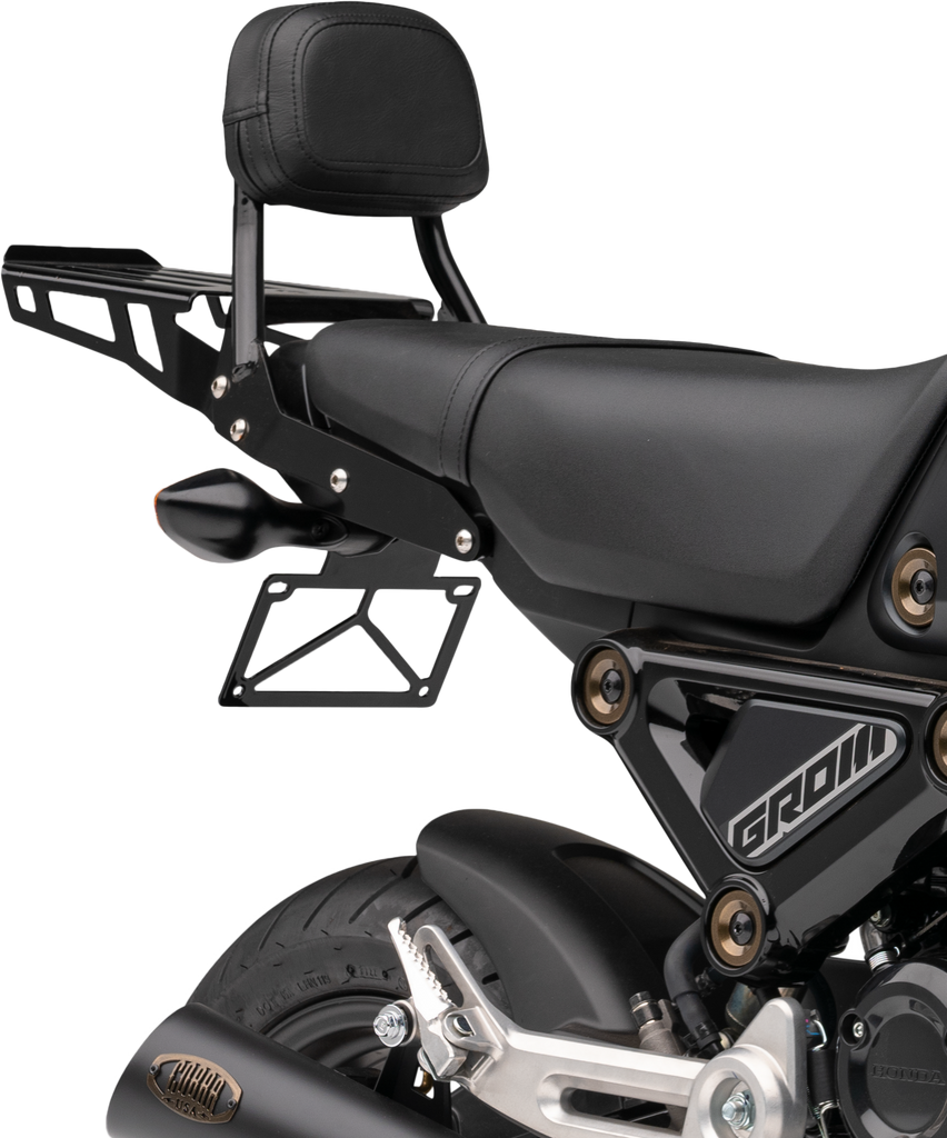 Black Cobra sissy bar luggage rack mounted on a motorcycle body, designed for Honda Grom 82-97480 model.