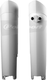 Polisport Plastics white fork guards for motorcycle, showing sleek design and mounting points on a clean background.