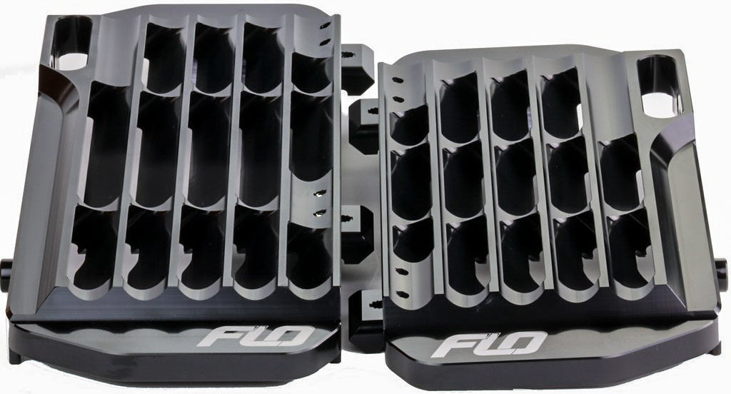 Flo Motorsports High Flow Radiator Braces in black, showcasing durable metal construction and mounting brackets for automotive cooling.
