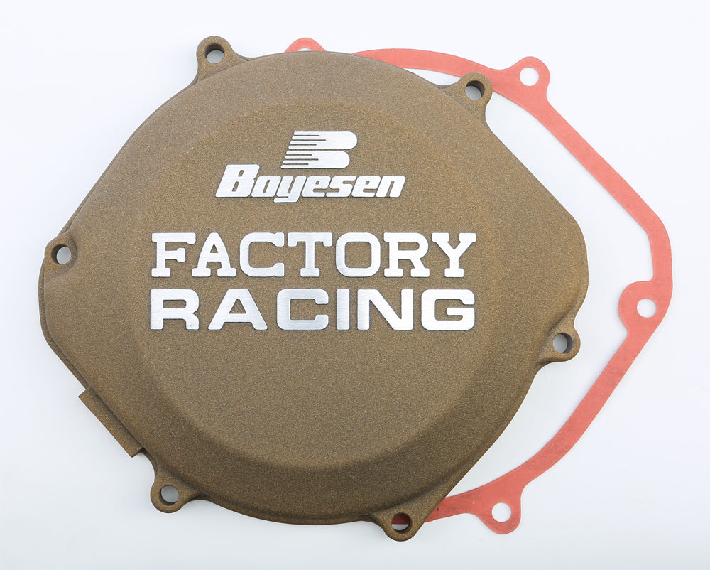 Boyesen Factory Racing Clutch Cover Magnesium for motorcycles, showcasing the lightweight, durable magnesium clutch cover with branding.