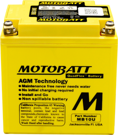Motobatt MB10U sealed motorcycle battery with factory activation, featuring positive and negative terminals and durable casing.
