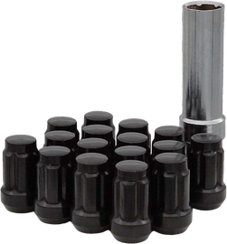 Sedona 16-piece set of black 12mmx1.25 tapered spline lug nuts for vehicle wheels, shown in black with detailed threading.