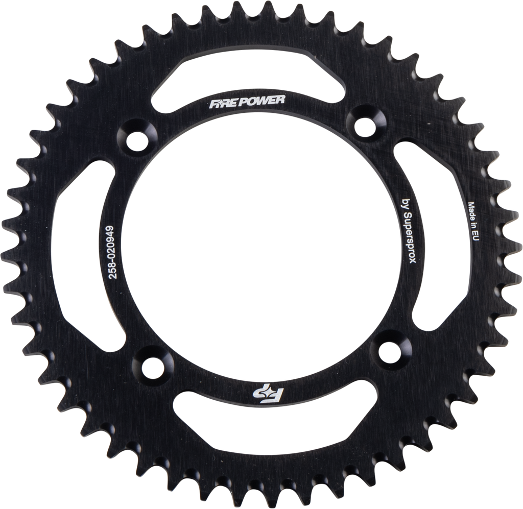 Fire Power 49-tooth aluminum rear sprocket in black, designed for motorcycle or dirt bike use.
