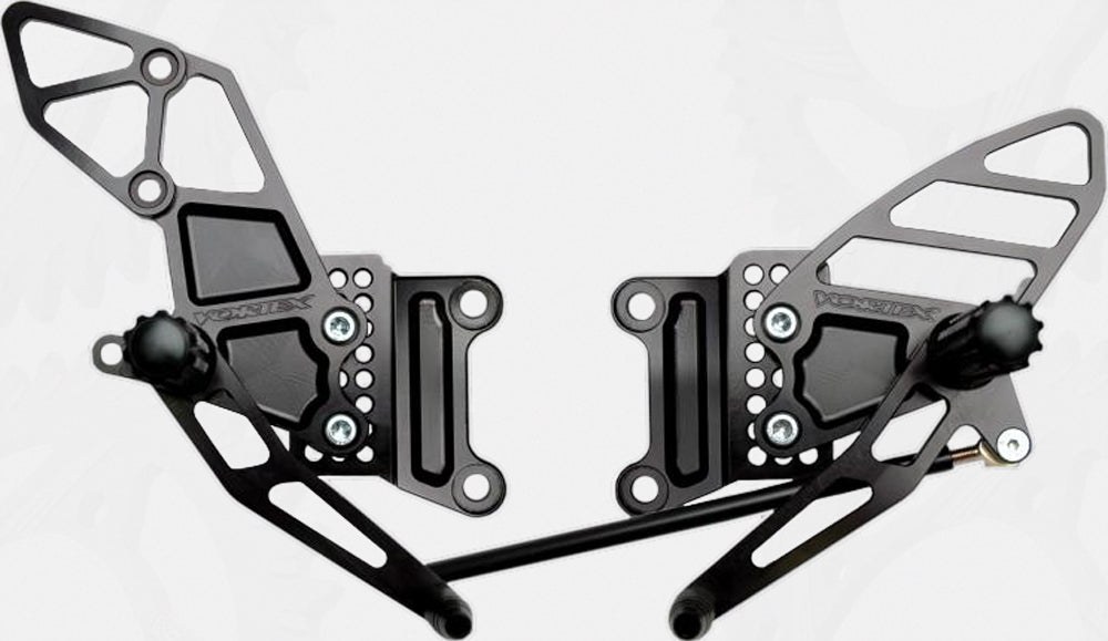 VORTEX rear set complete black foot controls for Kawasaki motorcycle, featuring adjustable footpegs and brake/clutch levers.