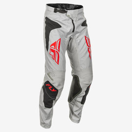 Fly Racing Kinetic Sym Pants in light grey, red, and black, size 40, featuring durable fabric and sporty design.